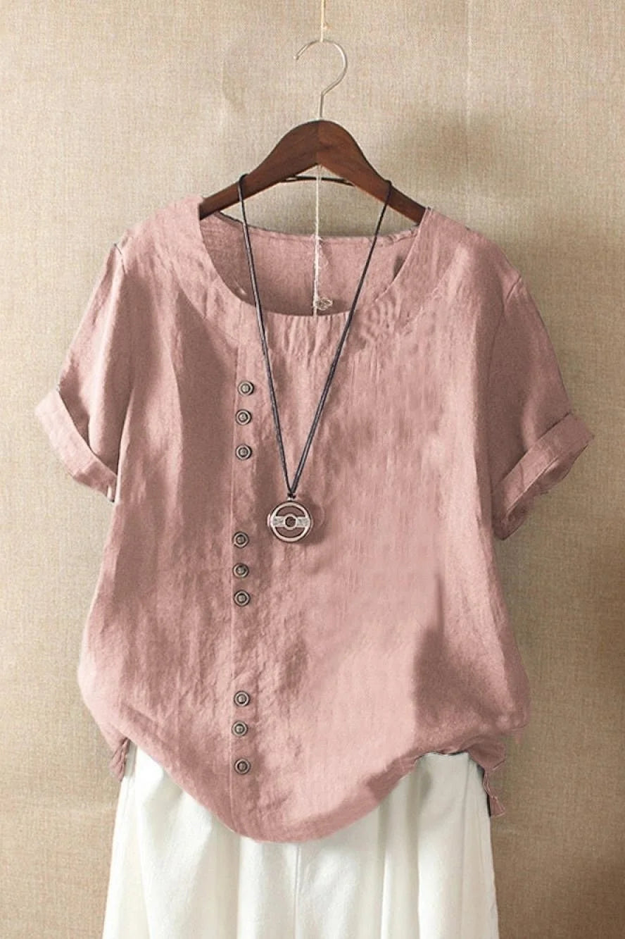 Pink Women's Round Neck Button Short Sleeve Blouse in Linen — Gigi - Front Close Up