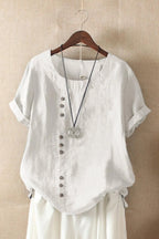 White Women's Round Neck Button Short Sleeve Blouse in Linen — Gigi - Front Detail