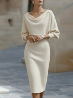 Beige Women's Round Neck Midi Dress with Blouson Sleeves & Fitted Waist — Josephine
