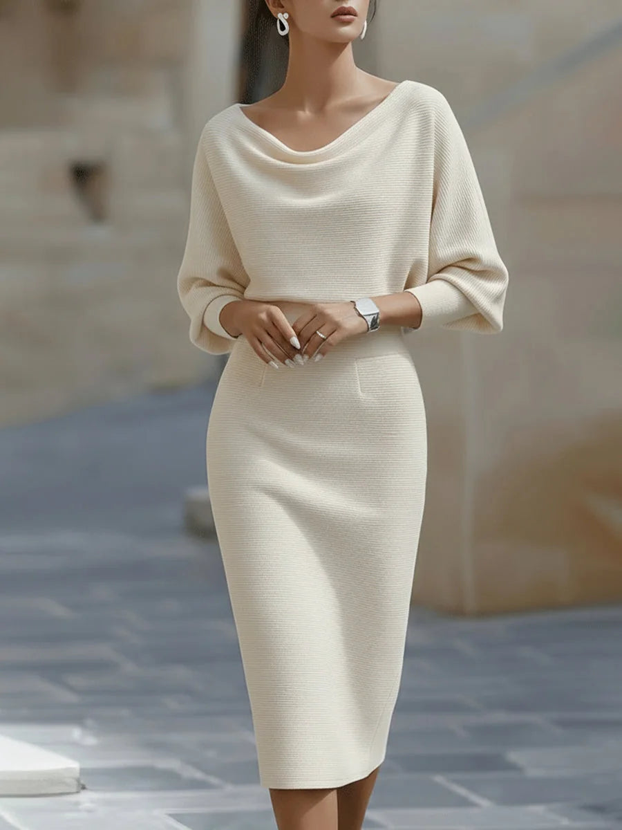 Beige Women's Round Neck Midi Dress with Blouson Sleeves & Fitted Waist — Josephine