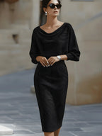 Black Women's Round Neck Midi Dress with Blouson Sleeves & Fitted Waist — Josephine