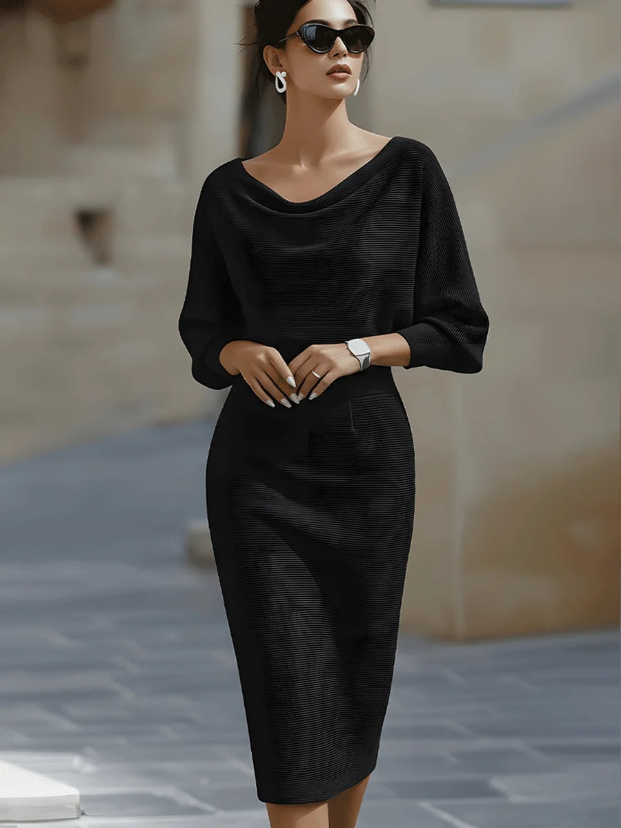 Black Women's Round Neck Midi Dress with Blouson Sleeves & Fitted Waist — Josephine