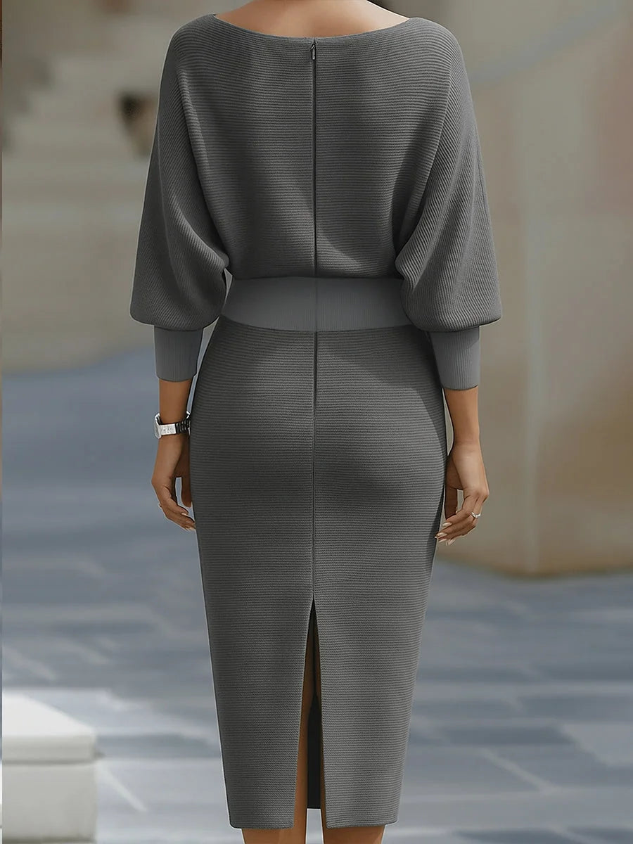 Gray Women's Round Neck Midi Dress with Blouson Sleeves & Fitted Waist — Josephine - Back Full Slit