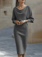 Gray Women's Round Neck Midi Dress with Blouson Sleeves & Fitted Waist