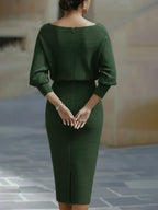Green Women's Round Neck Midi Dress with Blouson Sleeves & Fitted Waist — Josephine - Back Full