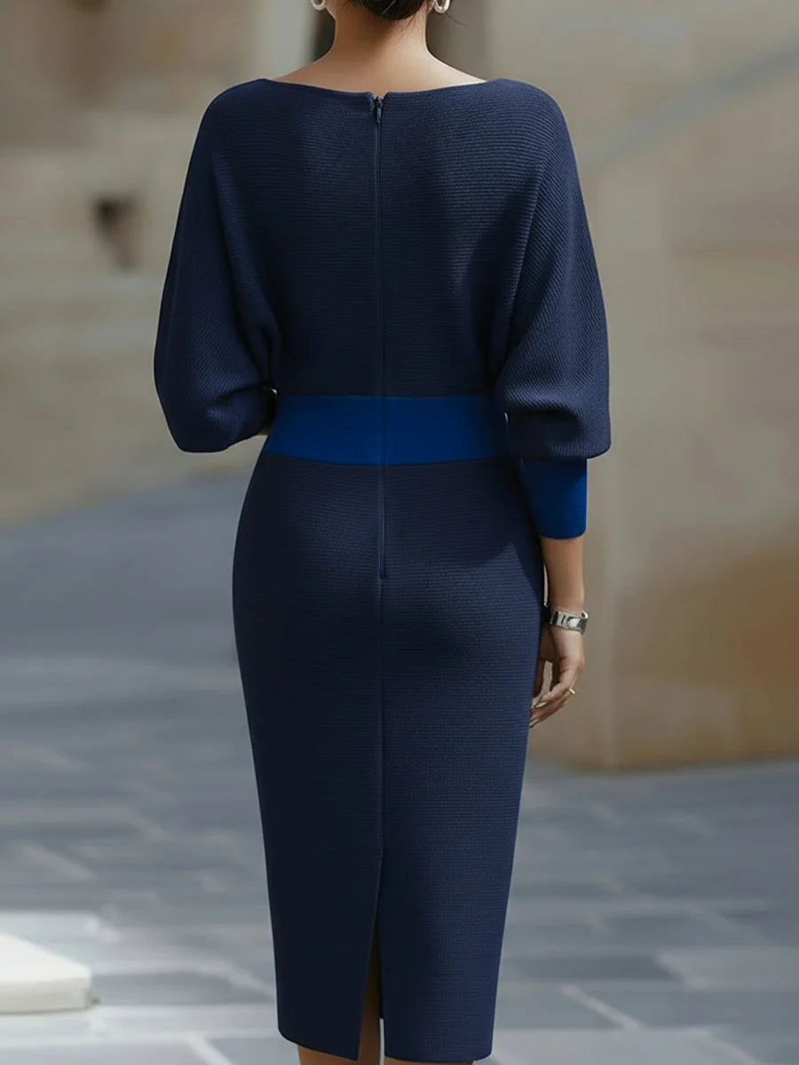 Navy Blue Women's Round Neck Midi Dress with Blouson Sleeves & Fitted Waist — Josephine - Back Full Waistband