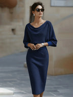 Navy Blue Women's Round Neck Midi Dress with Blouson Sleeves & Fitted Waist — Josephine - Front Full Sunglasses