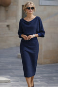 Navy Blue Women's Round Neck Midi Dress with Blouson Sleeves & Fitted Waist — Josephine