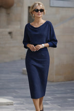 Navy Blue Women's Round Neck Midi Dress with Blouson Sleeves & Fitted Waist — Josephine