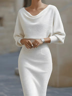 White Women's Round Neck Midi Dress with Blouson Sleeves & Fitted Waist — Josephine - Front Closeup Hands