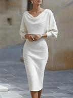 White Women's Round Neck Midi Dress with Blouson Sleeves & Fitted Waist — Josephine - Front Closeup Neckline