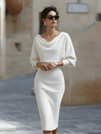 White Women's Round Neck Midi Dress with Blouson Sleeves & Fitted Waist