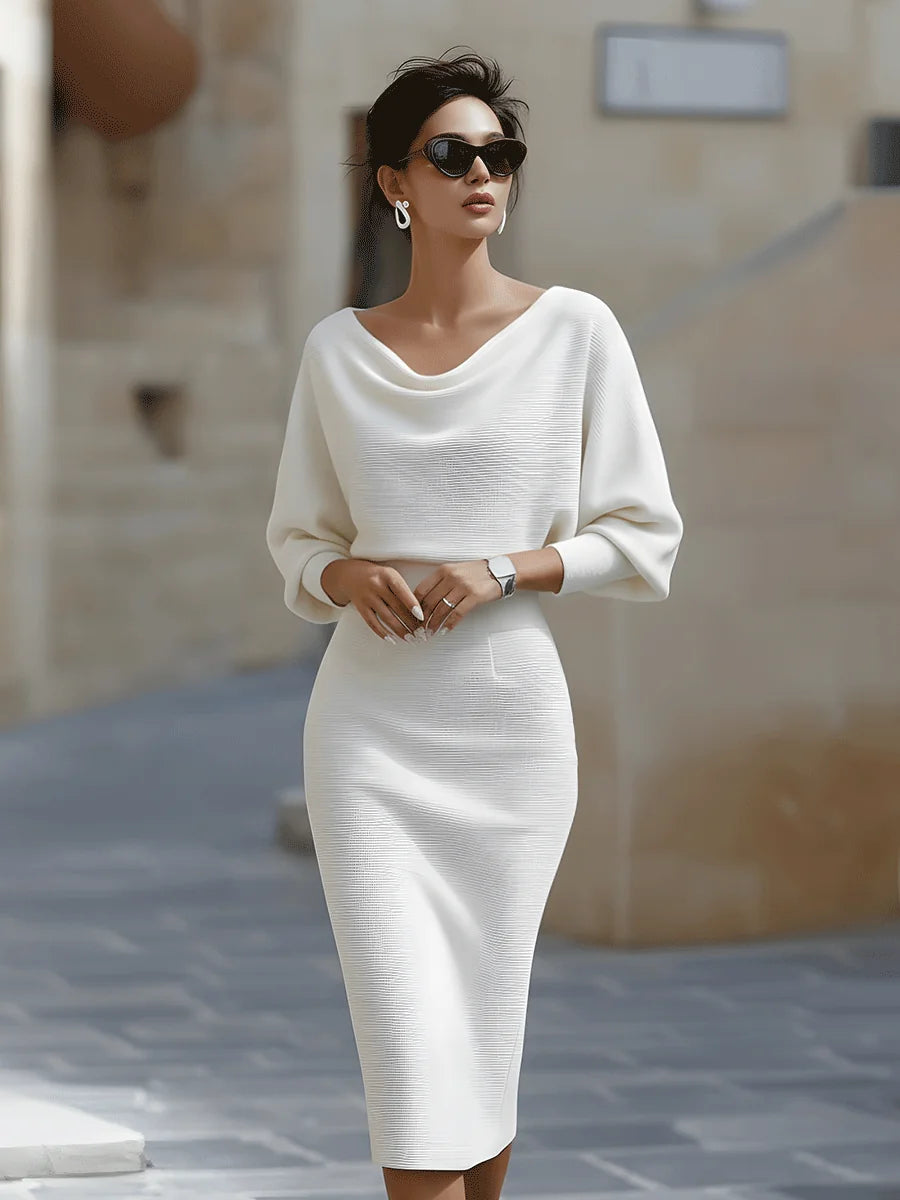 White Women's Round Neck Midi Dress with Blouson Sleeves & Fitted Waist
