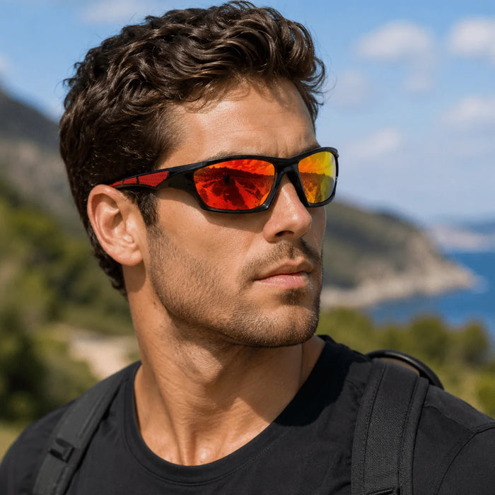 Black/Red Men's Polarized Sunglasses with UV400 Protection & Lightweight Comfort Fit - Front Pose Outdoor