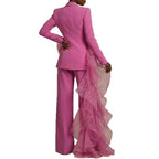 Pink Women's Ruffle Suit with Draped Peplum & Wide-Leg Pants - Back Full