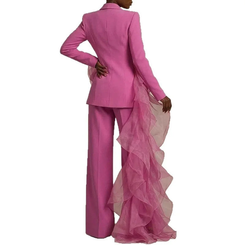 Pink Women's Ruffle Suit with Draped Peplum & Wide-Leg Pants - Back Full