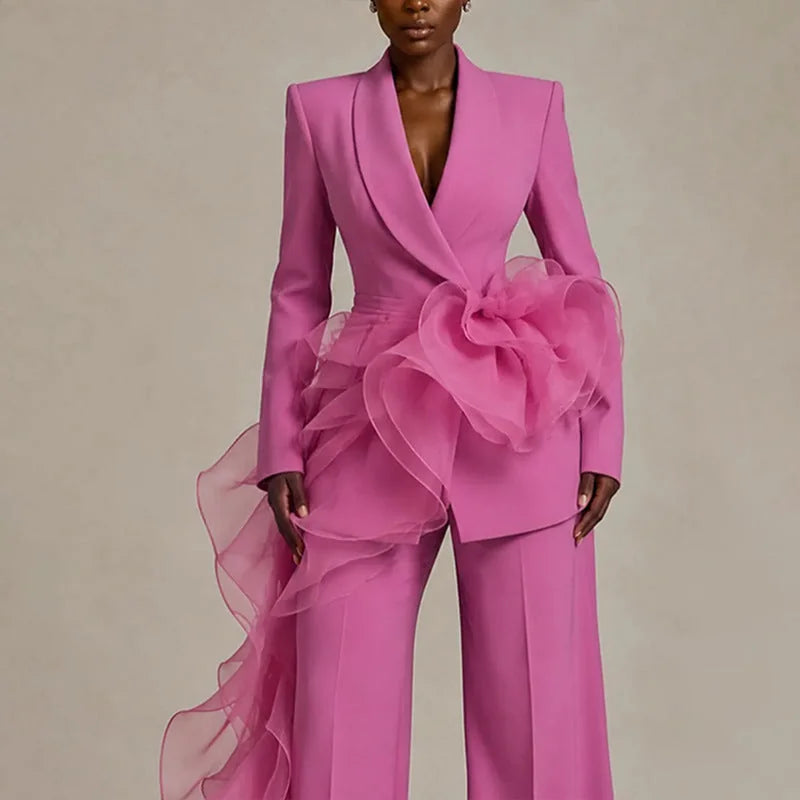 Pink Women's Ruffle Suit with Draped Peplum & Wide-Leg Pants - Front Bust Detail