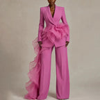 Pink Women's Ruffle Suit with Draped Peplum & Wide-Leg Pants - Front Closeup