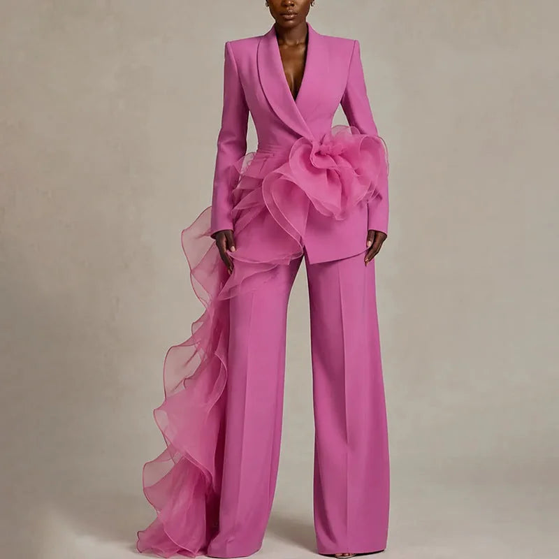 Pink Women's Ruffle Suit with Draped Peplum & Wide-Leg Pants - Front Closeup