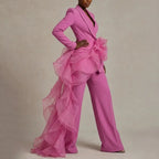 Pink Women's Ruffle Suit with Draped Peplum & Wide-Leg Pants - Side Pose Walking