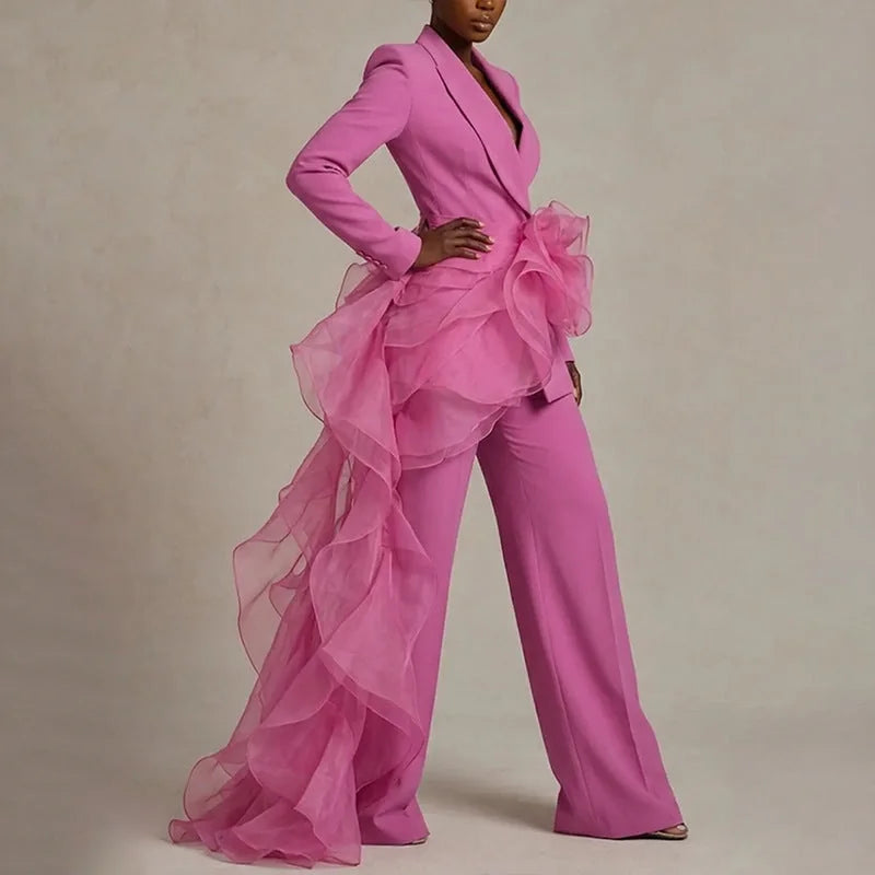 Pink Women's Ruffle Suit with Draped Peplum & Wide-Leg Pants - Side Pose Walking