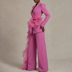 Pink Women's Ruffle Suit with Draped Peplum & Wide-Leg Pants - Side Pose
