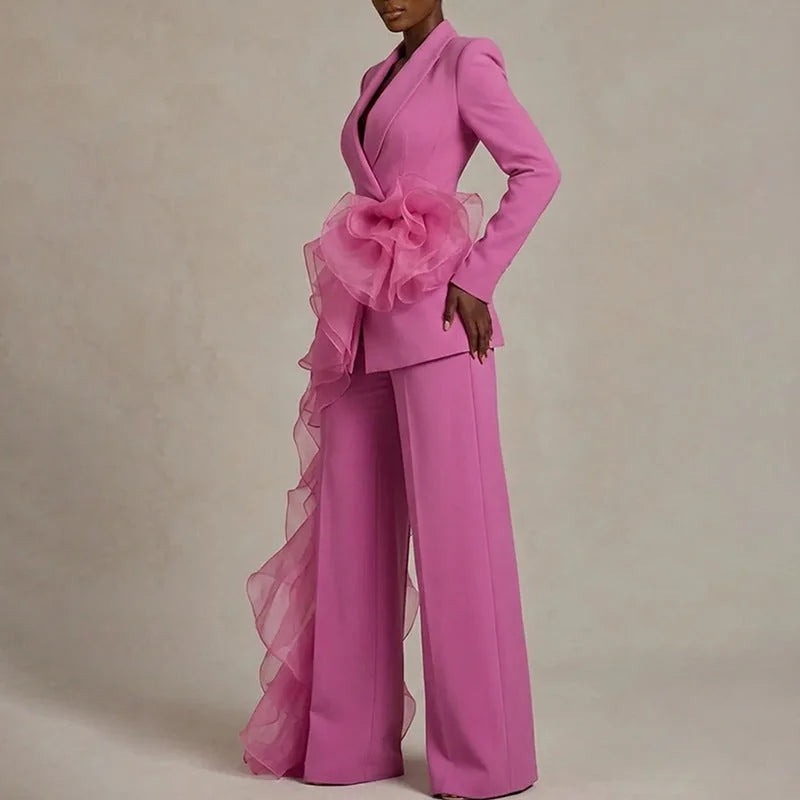 Pink Women's Ruffle Suit with Draped Peplum & Wide-Leg Pants - Side Pose