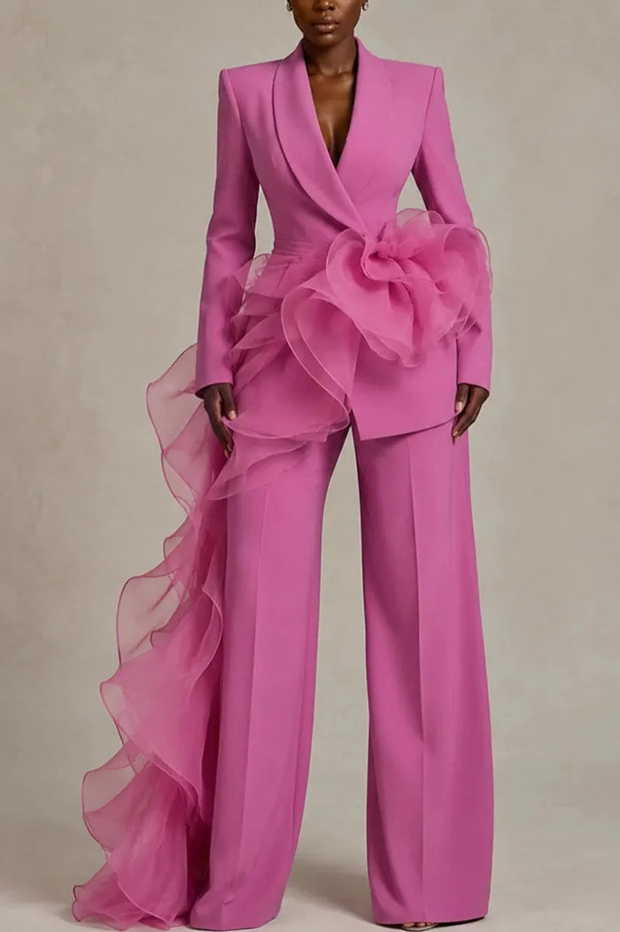 Pink Women's Ruffle Suit with Draped Peplum & Wide-Leg Pants
