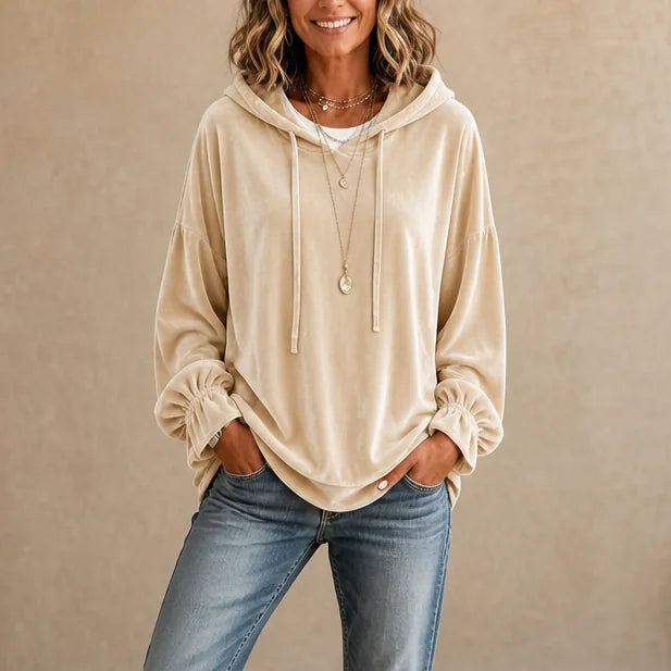Apricot Women's Velvet Hoodie with Ruffle Cuffs & Dropped Shoulder
