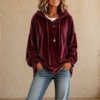 Burgundy Women's Velvet Hoodie with Ruffle Cuffs & Dropped Shoulder