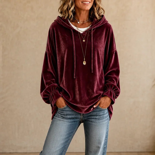 Burgundy Women's Velvet Hoodie with Ruffle Cuffs & Dropped Shoulder