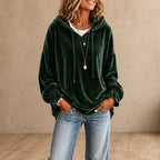 Green Women's Velvet Hoodie with Ruffle Cuffs & Dropped Shoulder
