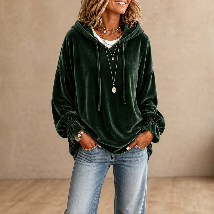 Green Women's Velvet Hoodie with Ruffle Cuffs & Dropped Shoulder