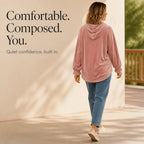 Women's Velvet Hoodie with Ruffle Cuffs & Dropped Shoulder - Back Full Outdoor