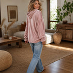 Women's Velvet Hoodie with Ruffle Cuffs & Dropped Shoulder - Back Side Pose