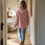 Women's Velvet Hoodie with Ruffle Cuffs & Dropped Shoulder - Back Walking