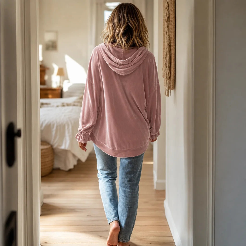 Women's Velvet Hoodie with Ruffle Cuffs & Dropped Shoulder - Back Walking