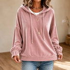 Women's Velvet Hoodie with Ruffle Cuffs & Dropped Shoulder - Close Up Neckline