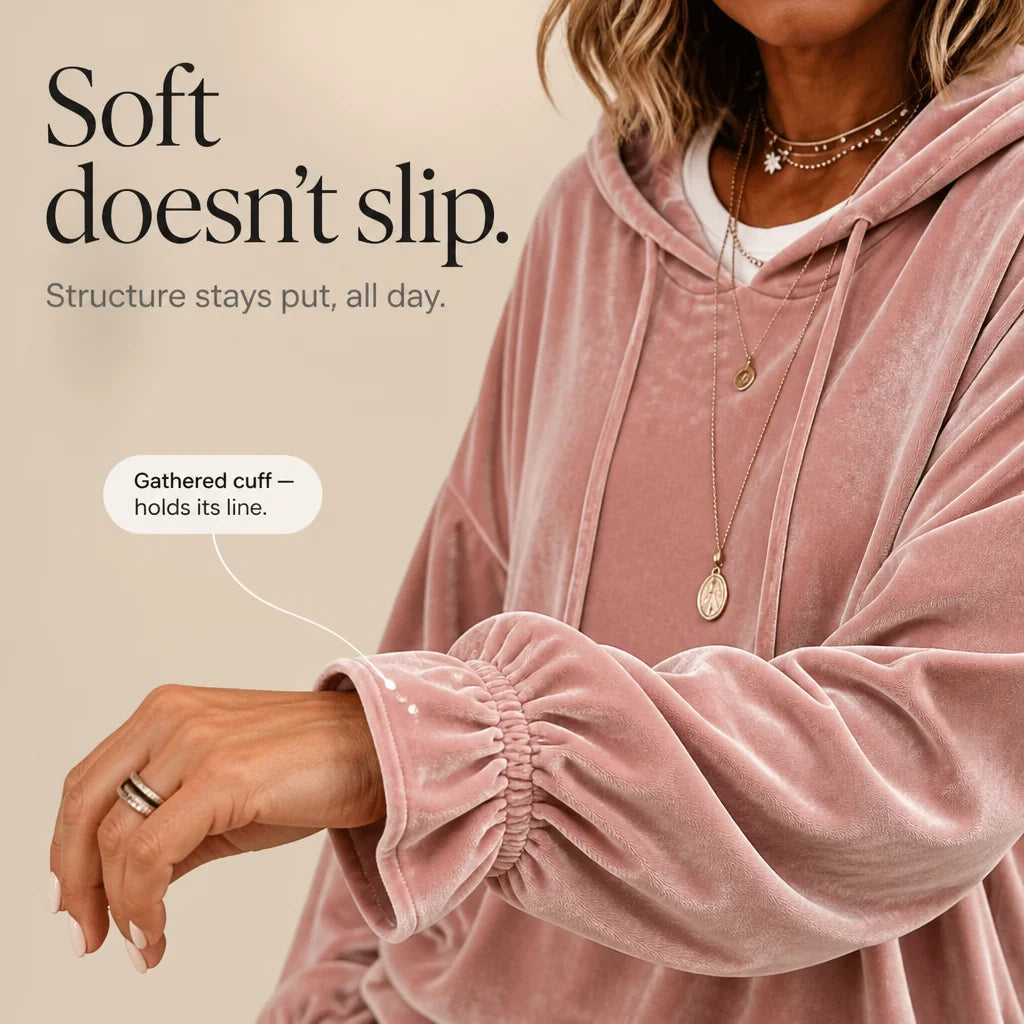 Women's Velvet Hoodie with Ruffle Cuffs & Dropped Shoulder - Cuff Detail
