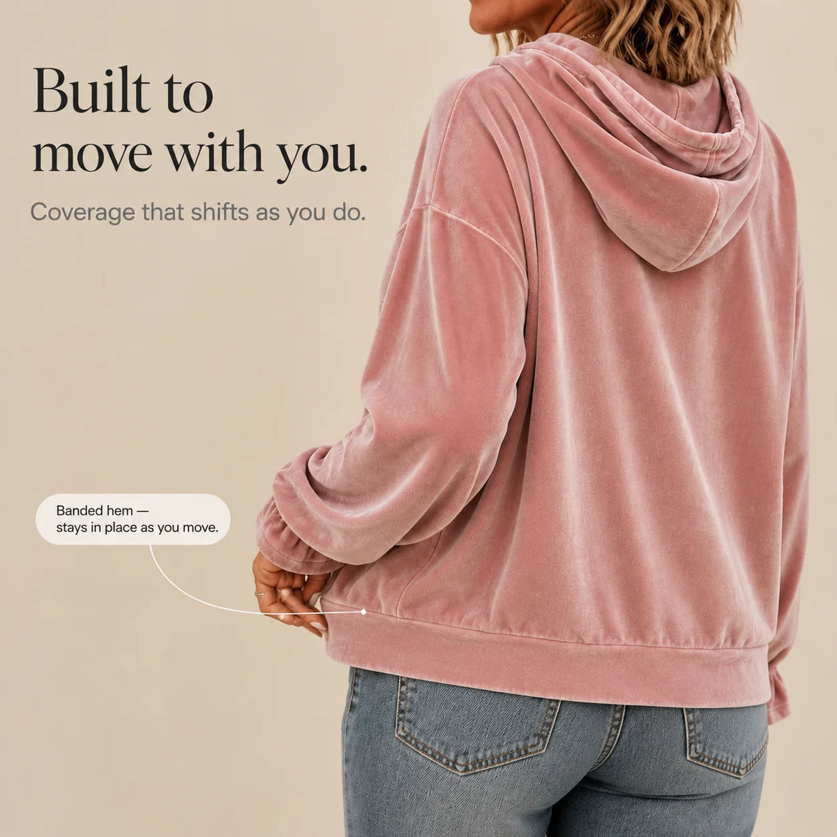 Women's Velvet Hoodie with Ruffle Cuffs & Dropped Shoulder - Hem Detail Back