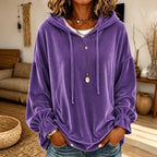 Purple Women's Velvet Hoodie with Ruffle Cuffs & Dropped Shoulder