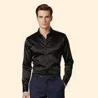Black Men's Satin Button Down Shirt with Long Sleeves & Classic Collar — Elliot