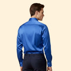 Blue Men's Satin Button Down Shirt with Long Sleeves & Classic Collar — Elliot - Back Full