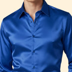 Blue Men's Satin Button Down Shirt with Long Sleeves & Classic Collar — Elliot - Close Up Collar