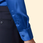 Blue Men's Satin Button Down Shirt with Long Sleeves & Classic Collar — Elliot - Cuff Detail