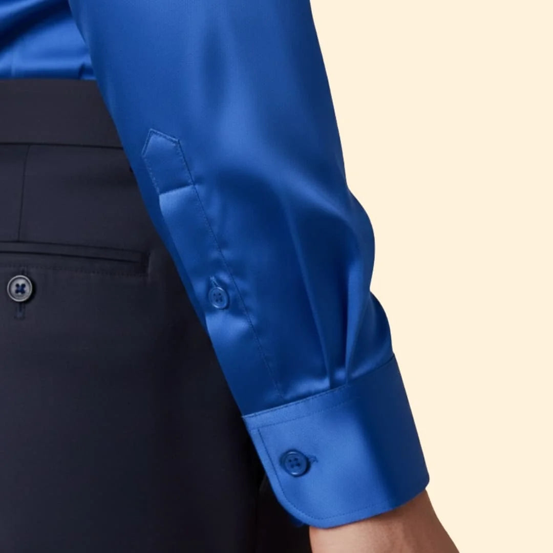 Blue Men's Satin Button Down Shirt with Long Sleeves & Classic Collar — Elliot - Cuff Detail