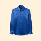 Blue Men's Satin Button Down Shirt with Long Sleeves & Classic Collar — Elliot - Flat Lay Front