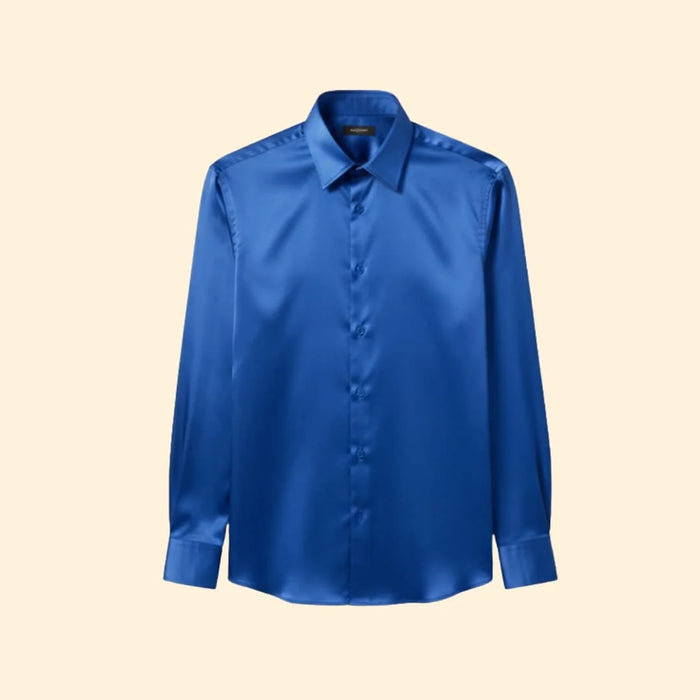 Blue Men's Satin Button Down Shirt with Long Sleeves & Classic Collar — Elliot - Flat Lay Front