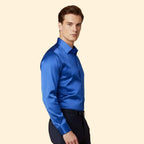 Blue Men's Satin Button Down Shirt with Long Sleeves & Classic Collar — Elliot - Side Pose