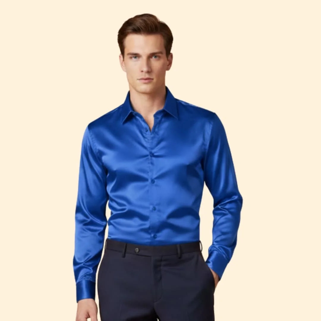 Blue Men's Satin Button Down Shirt with Long Sleeves & Classic Collar — Elliot